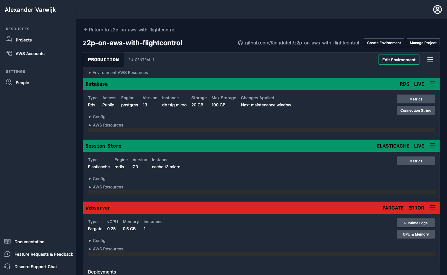 The dashboard now shows a green background for Database and Session Store and a red background for Webserver. Each service now also shows information about the type, version and size where applicable.